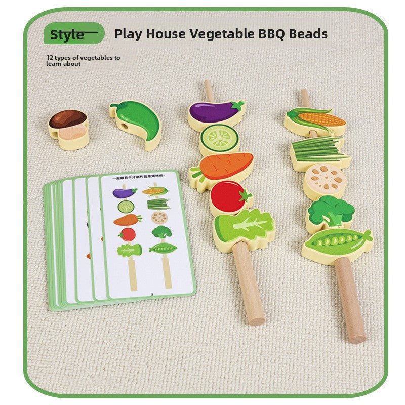 Wooden Pretend BBQ Grill & Food Skewer Play Sets for Kids