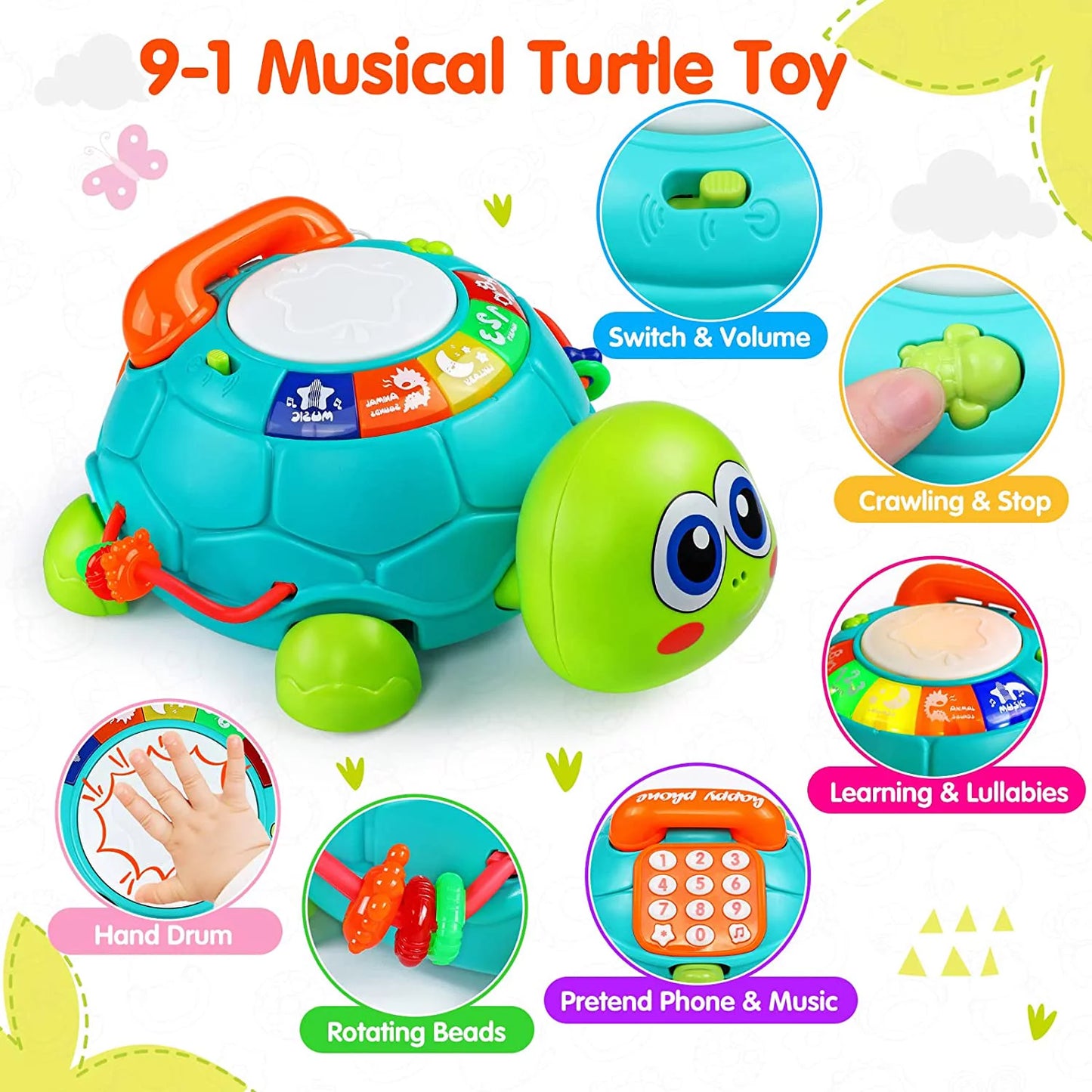 Baby Toys 12-18 Months, Light up Baby Toys 6 to 12 Months Musical Turtle with Letters Numbers Phone Infant Baby Toys for 6 9 12 18 Months Educational Learning Toys