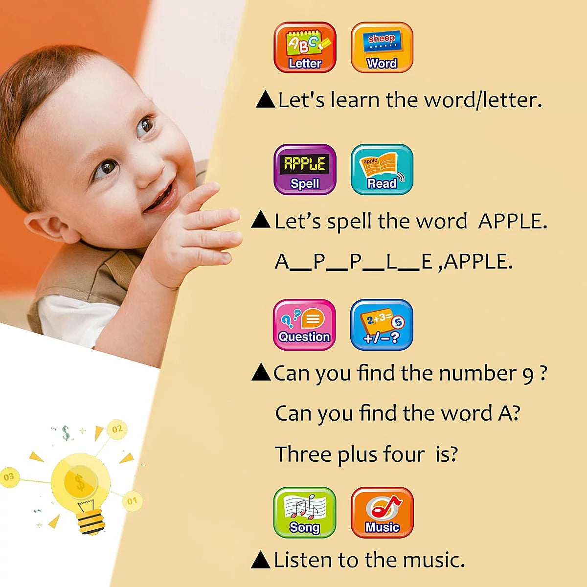 Toddler Montessori Learning Toys Boys Girls Touch Tablet Kids Electronic Interactive Toy with ABC Spelling Music Function