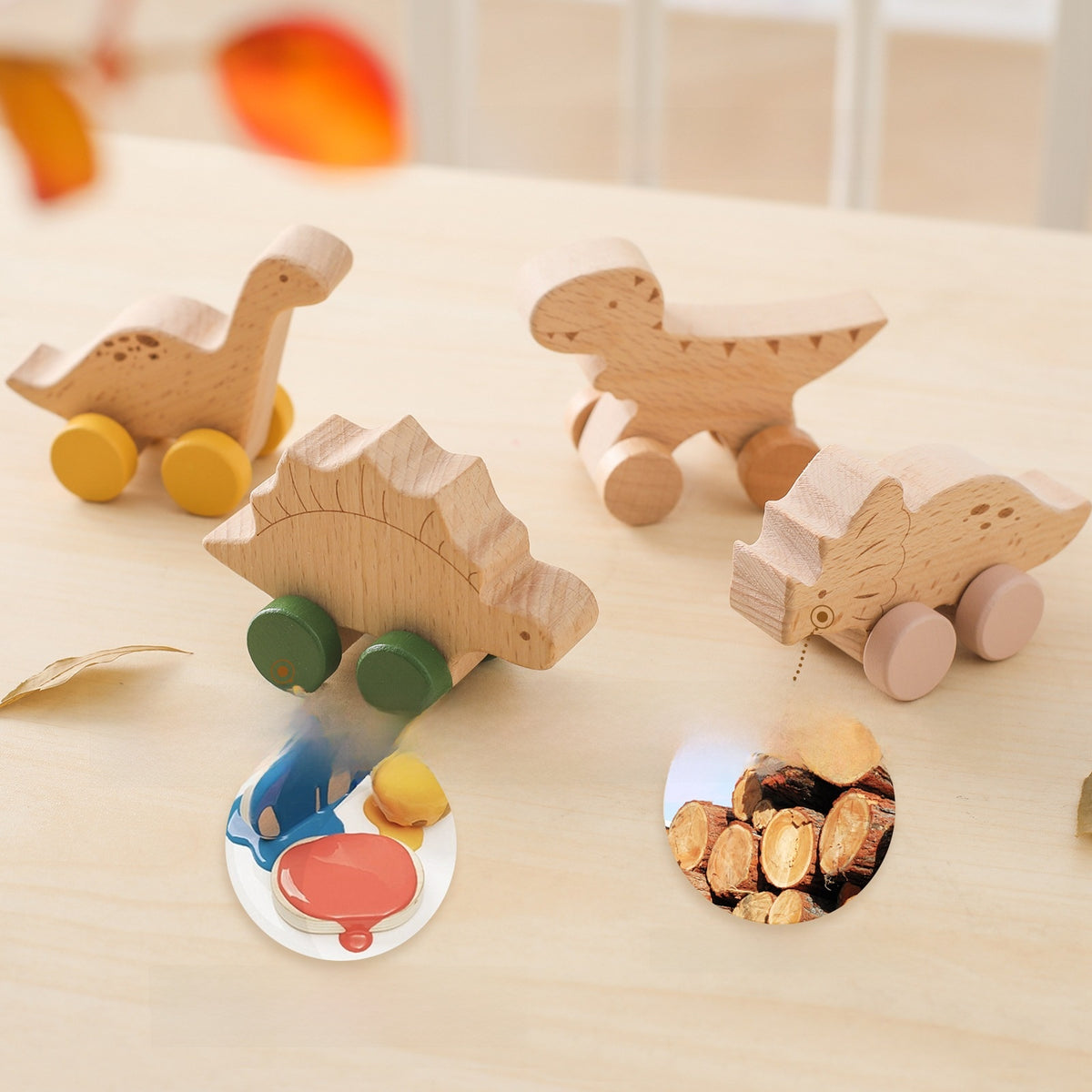 Montessori Wooden Dinosaur Toy with Wheels