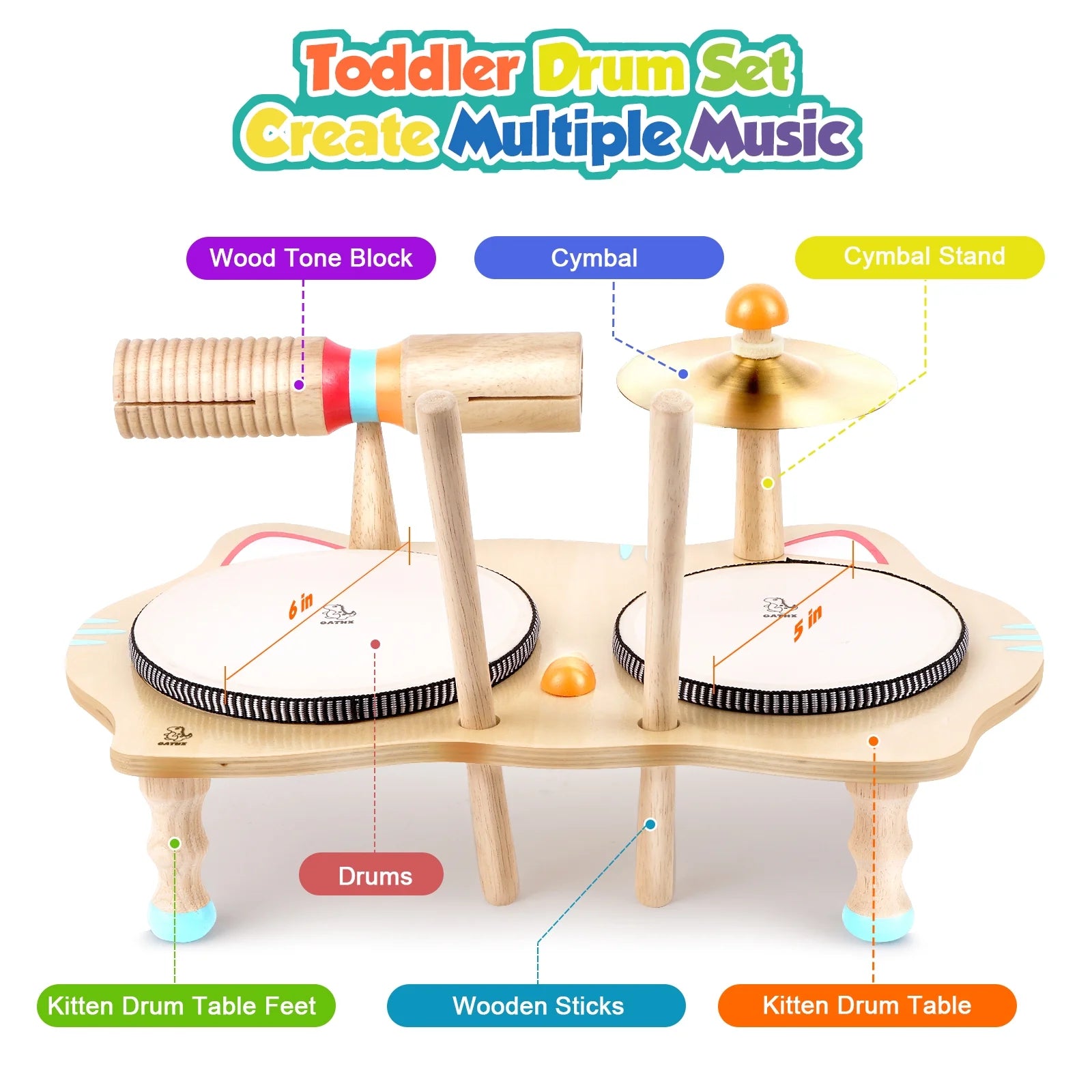 Music Toy Drum Set for Kids Wooden Musical Instruments Baby Learning Toy for Boy Girl 1-5 Year