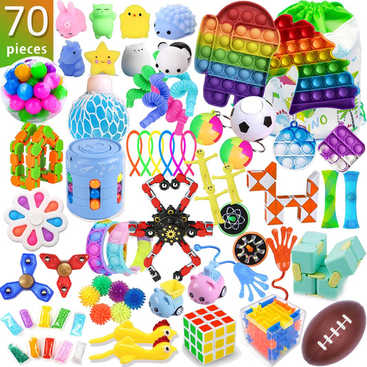 70 Piece Fidget Toys Pack Party Favors Gifts for Kids Adults, Fidget Cube,Magic Cube,Bike Chain,Fidget Bracelet,Squeeze Grape Ball,And More Anti-Stress Toys