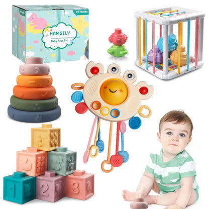 Baby Learning Toys for Ages 6-18 Months - 4In1 Toddler Toys Pull String Teether, Stacking Blocks, Sensory Shapes & Storage Bin, Montessori Toys for Babies Birthday Gift Toy Set