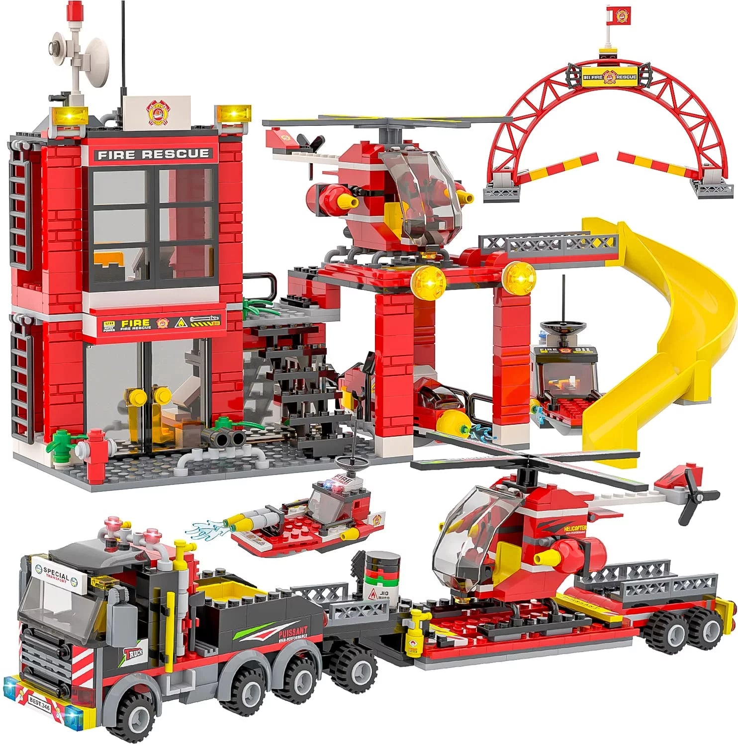 971 Pieces City Fire Station Building Toys Set, Fun Firefighter Building Block Kit, Fire Truck STEM Toy, Gift for Boys Kids Ages 6-12 (Red)