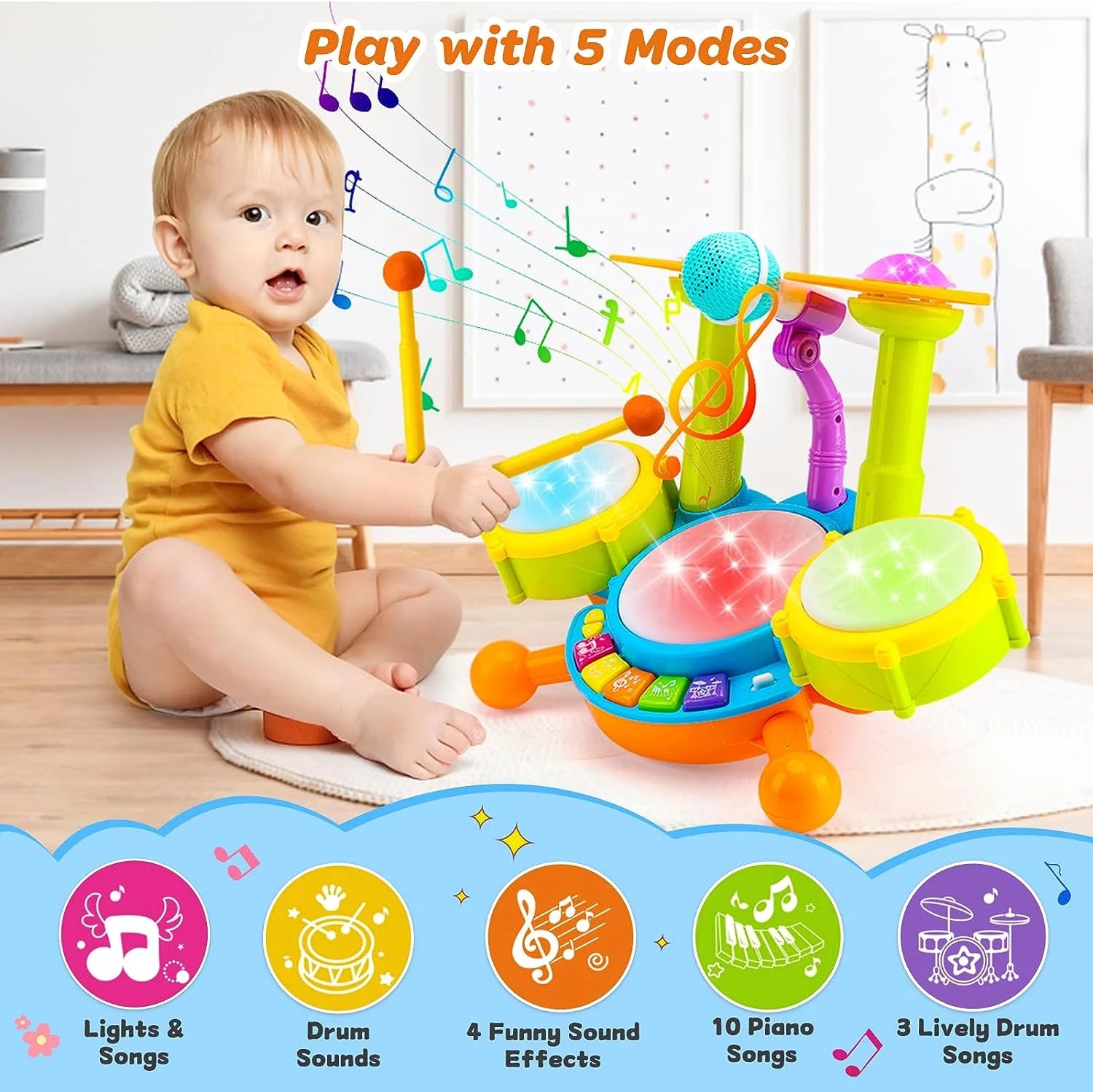 Drum Sets for Kids, Toys for 1 Year Old, Educational Learning Toys for 2 3 4 5 6 Year, Light up Baby Music Toy for Boys Girls Birthday Gift