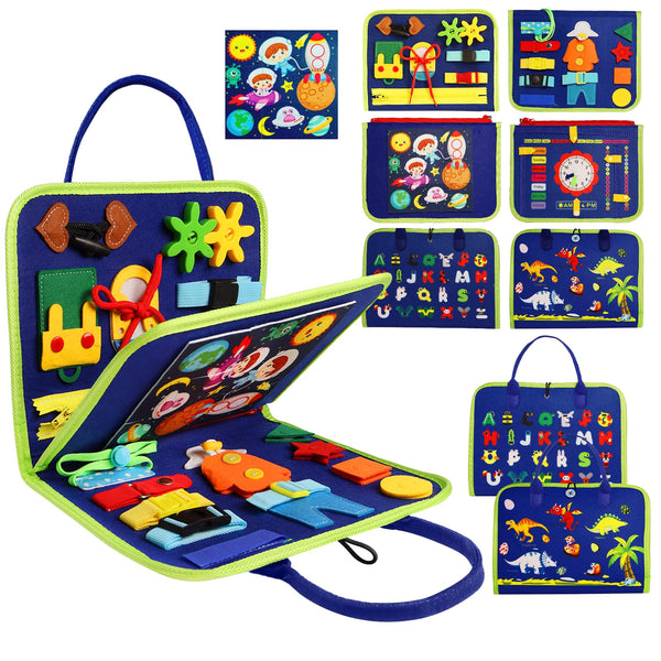 Busy Board Montessori Toy for Toddlers 1–4 – 3-Page Soft Felt Busy Book with Zippers, Alphabet & Dinosaur Theme for Boys & Girls