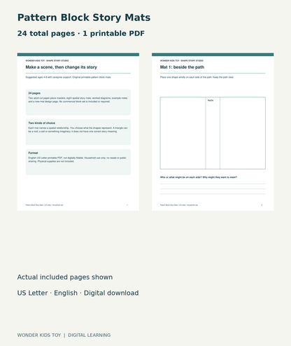 Pattern Block Story Mats: actual included PDF cover and page6, 24 total pages