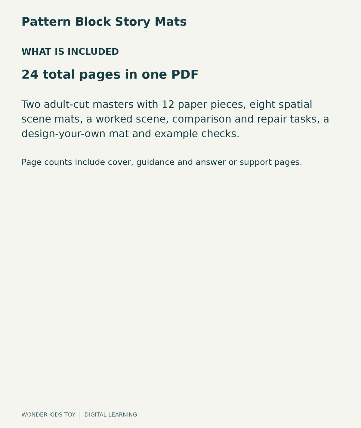 Pattern Block Story Mats: contents overview, one PDF with 24 total pages