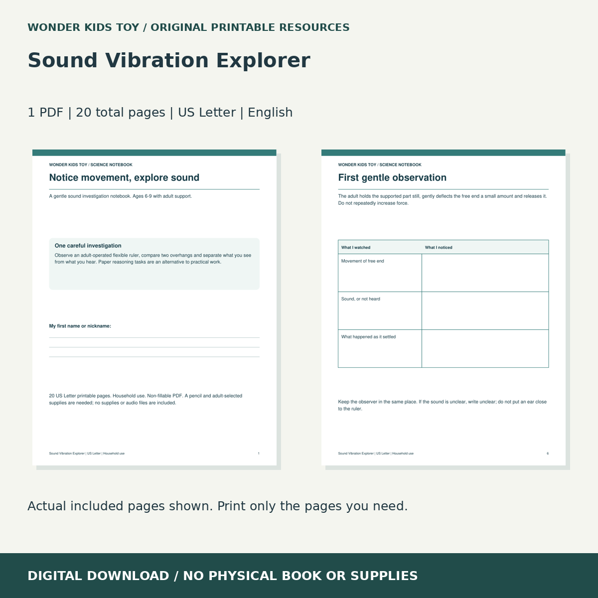 Sound Vibration Explorer: actual included PDF previews, 20 total pages, US Letter digital download
