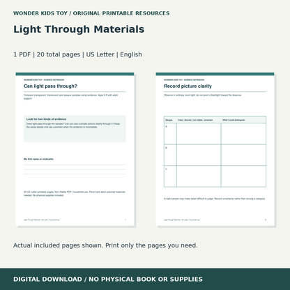 Light Through Materials: actual included PDF previews, 20 total pages, US Letter digital download