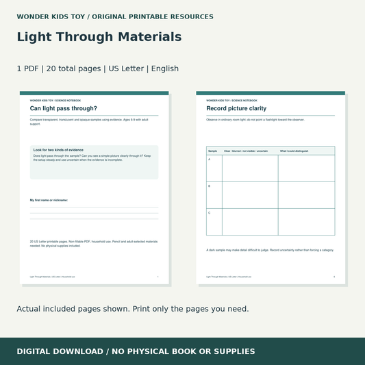 Light Through Materials: actual included PDF previews, 20 total pages, US Letter digital download