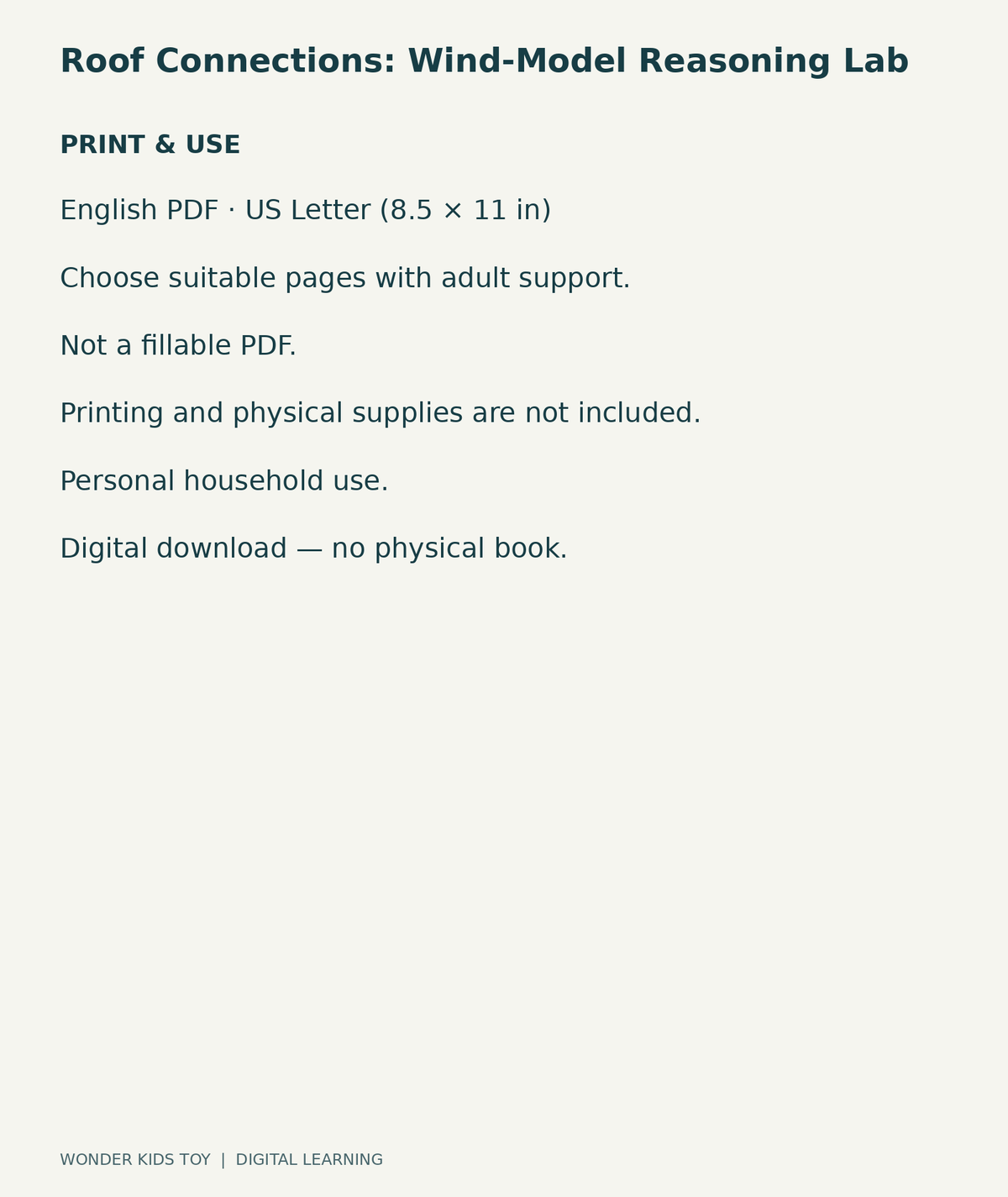 Roof Connections: Wind-Model Reasoning Lab: US Letter English printable PDF and household-use details