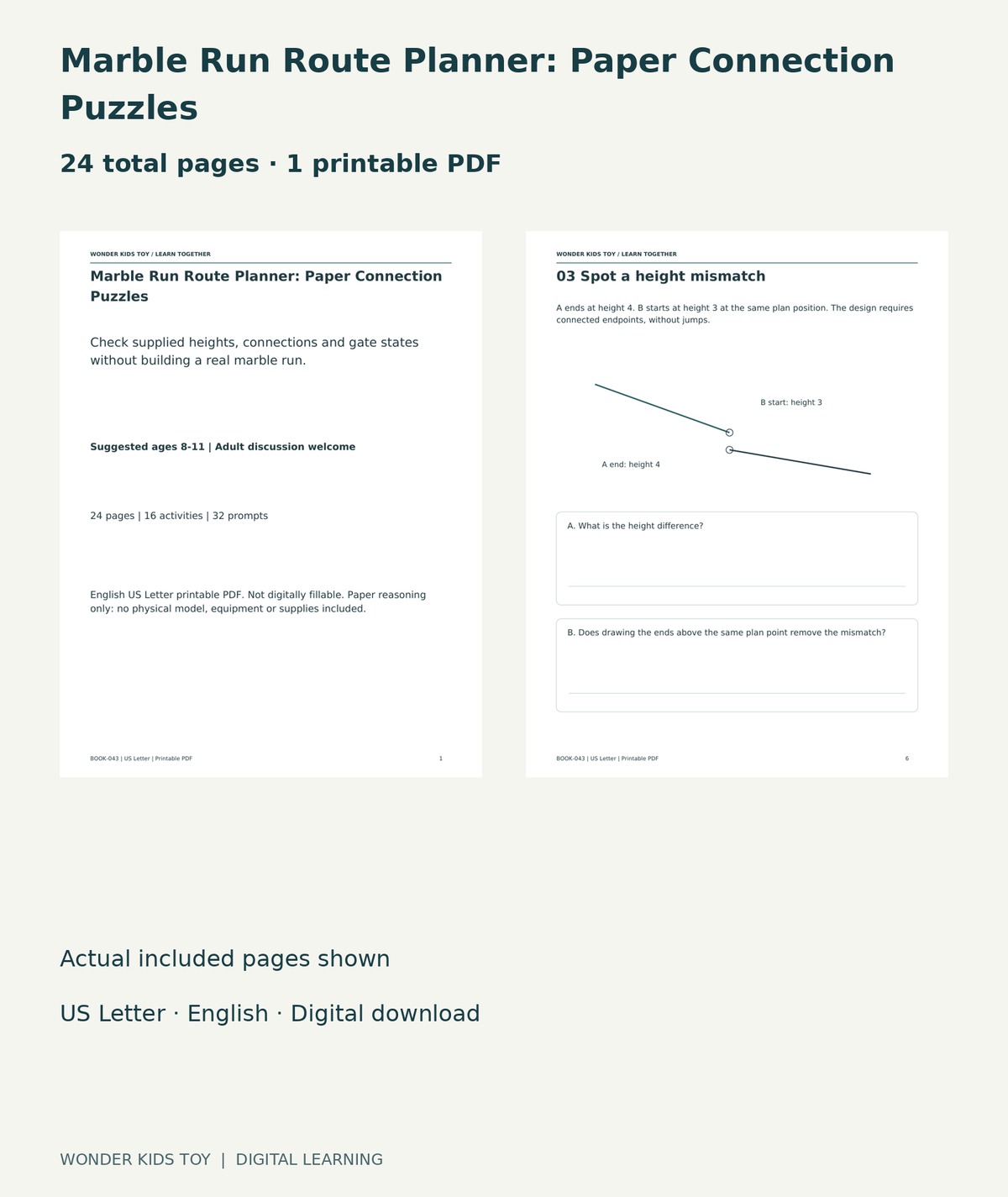 Marble Run Route Planner: Paper Connection Puzzles: actual included PDF cover and page6, 24 total pages