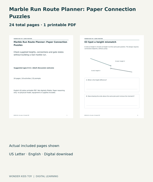 Marble Run Route Planner: Paper Connection Puzzles: actual included PDF cover and page6, 24 total pages