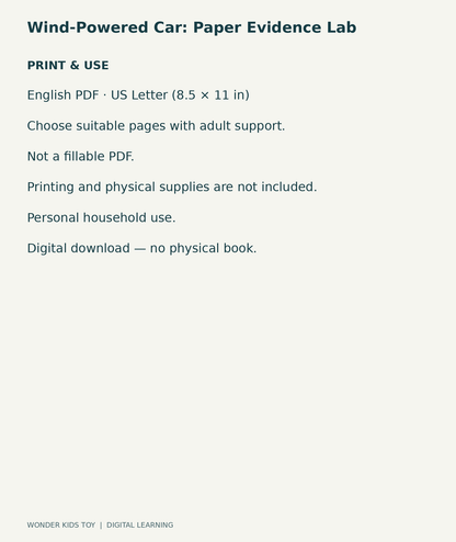 Wind-Powered Car: Paper Evidence Lab: US Letter English printable PDF and household-use details