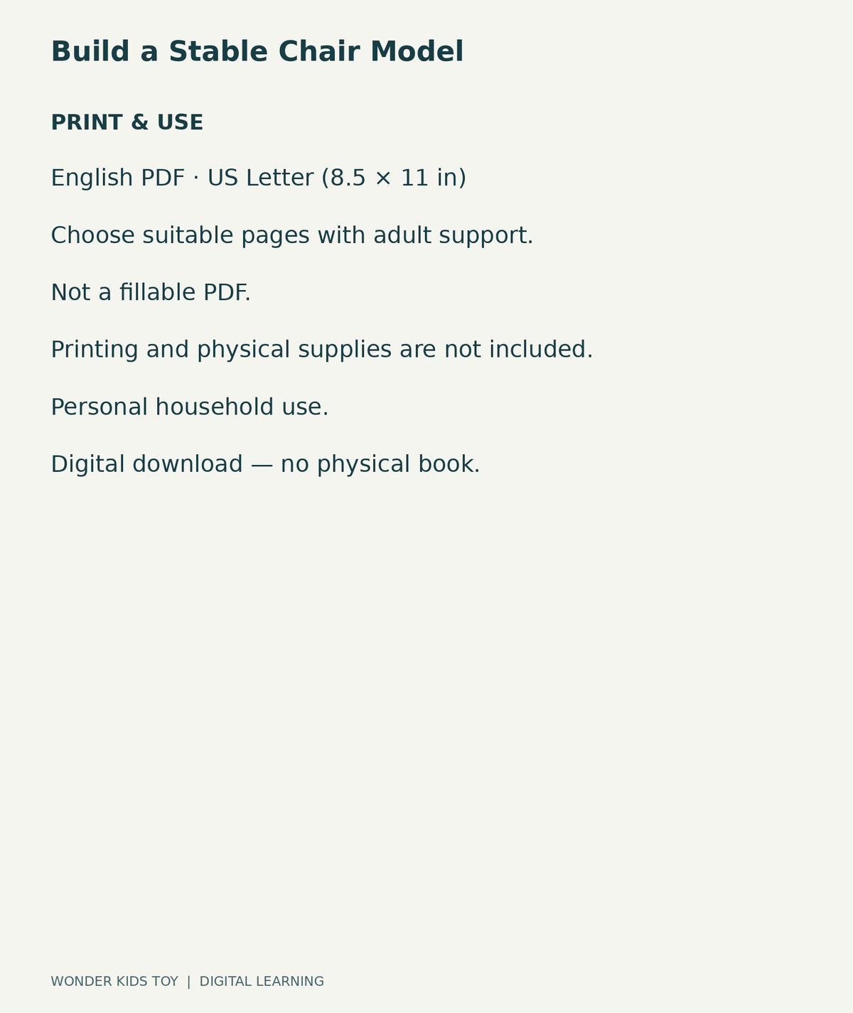 Build a Stable Chair Model: US Letter English printable PDF and household-use details