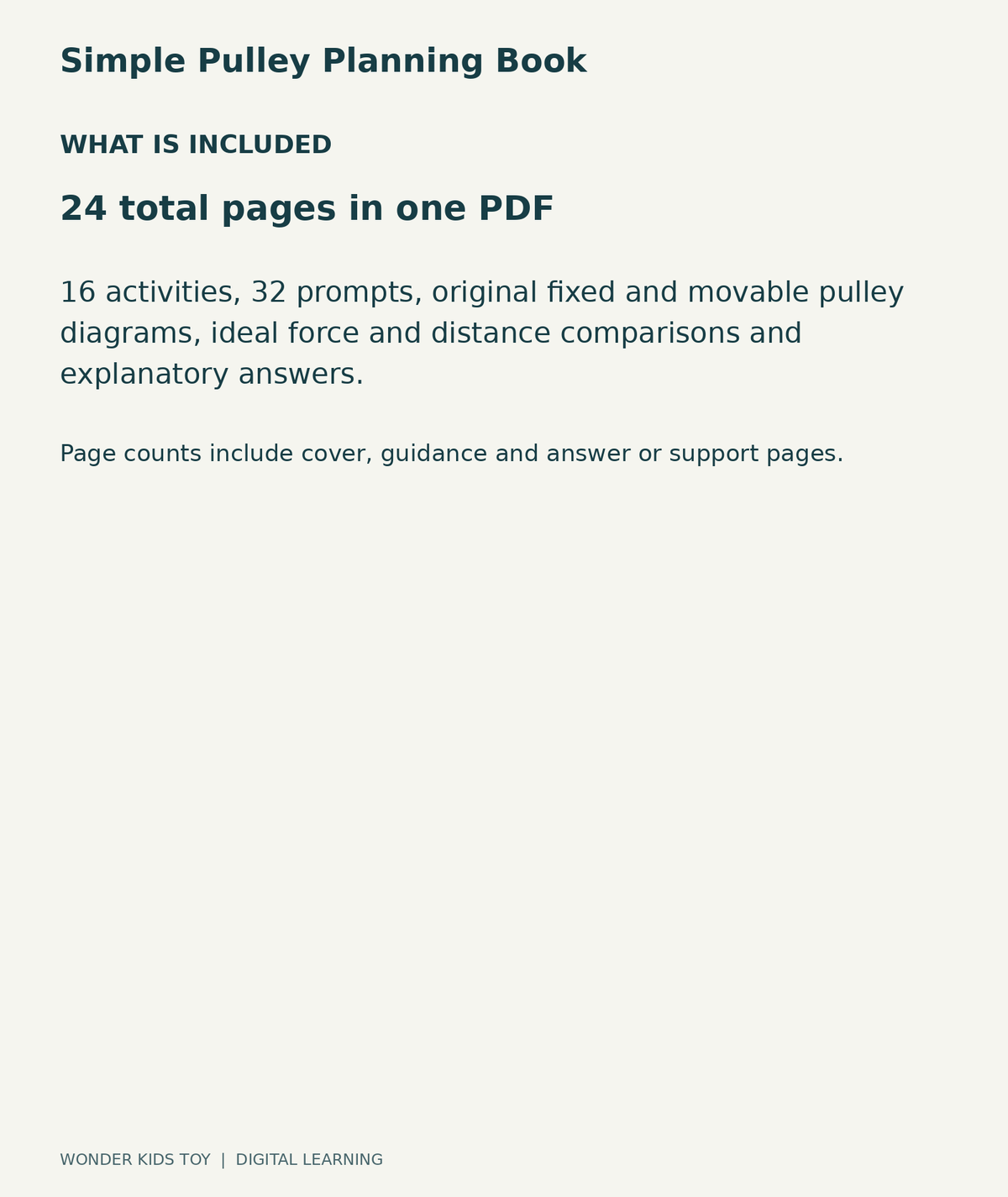 Simple Pulley Planning Book: contents overview, one PDF with 24 total pages