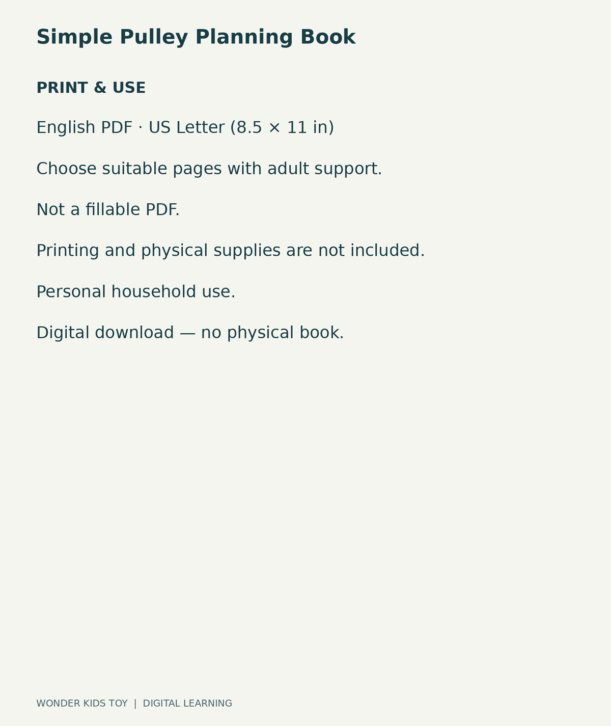 Simple Pulley Planning Book: US Letter English printable PDF and household-use details