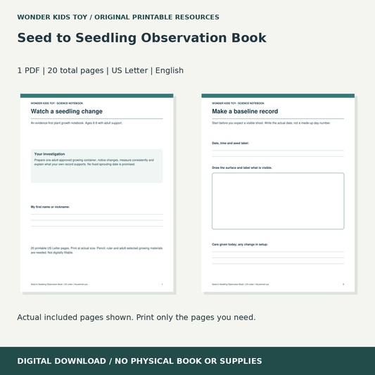 Seed to Seedling Observation Book: actual included PDF previews, 20 total pages, US Letter digital download