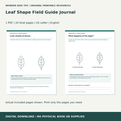 Leaf Shape Field Guide Journal: actual included PDF previews, 20 total pages, US Letter digital download