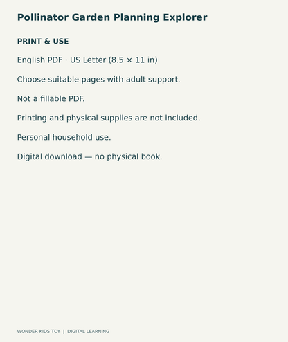 Pollinator Garden Planning Explorer: US Letter English printable PDF and household-use details