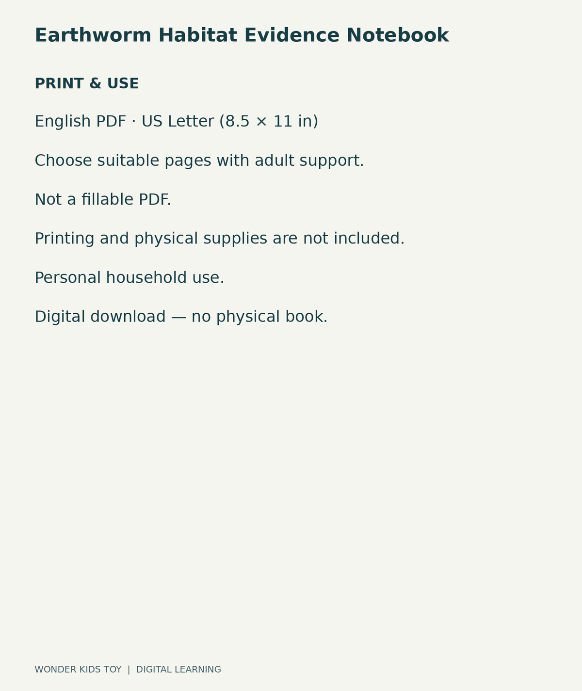 Earthworm Habitat Evidence Notebook: US Letter English printable PDF and household-use details
