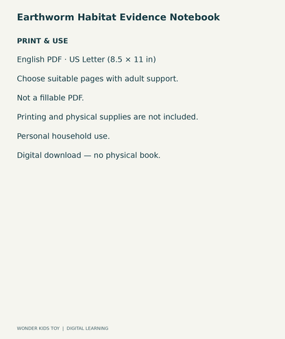 Earthworm Habitat Evidence Notebook: US Letter English printable PDF and household-use details