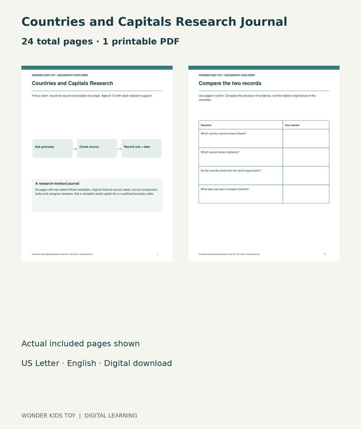 Countries and Capitals Research Journal: actual included PDF cover and page6, 24 total pages
