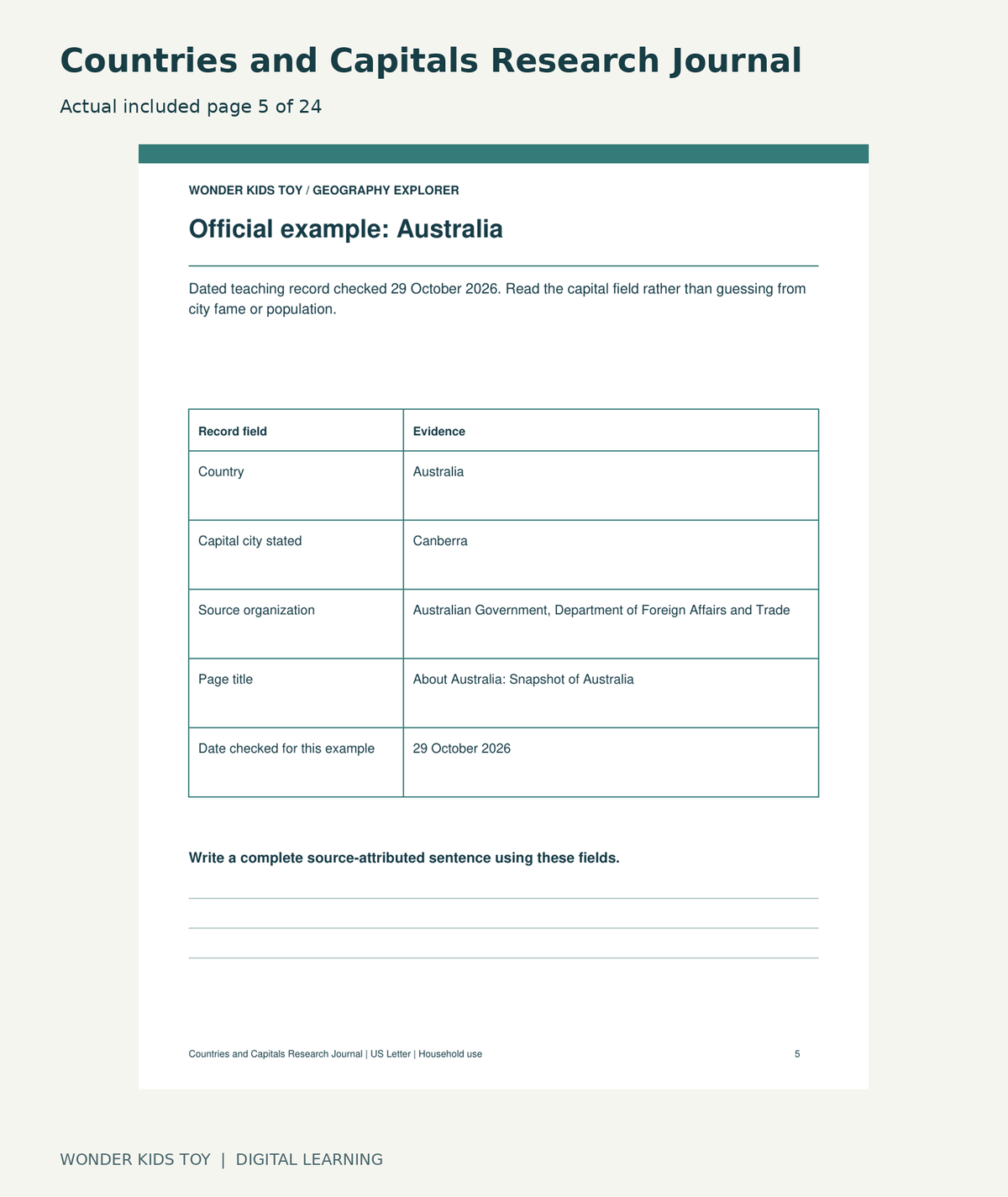 Countries and Capitals Research Journal: actual included PDF page5 of 24