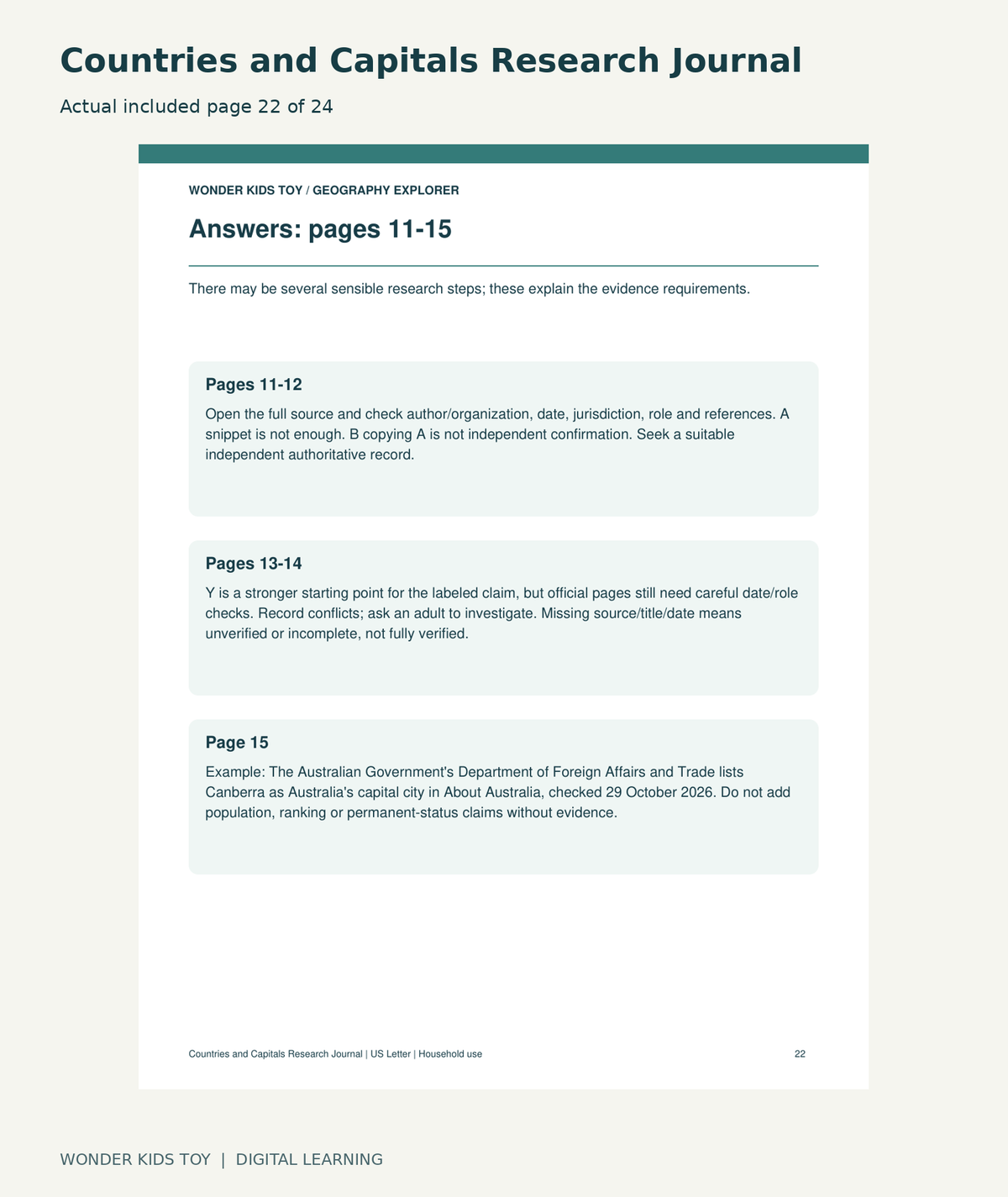 Countries and Capitals Research Journal: actual included PDF page22 of 24