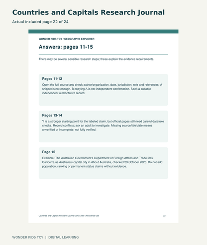 Countries and Capitals Research Journal: actual included PDF page22 of 24