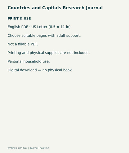 Countries and Capitals Research Journal: US Letter English printable PDF and household-use details