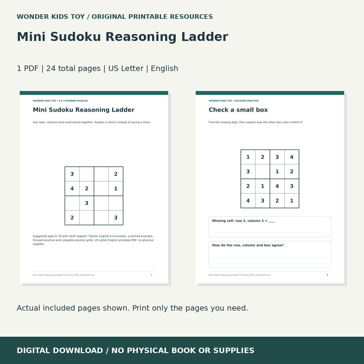 Mini Sudoku Reasoning Ladder: actual included PDF previews, 24 total pages, US Letter digital download