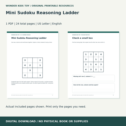 Mini Sudoku Reasoning Ladder: actual included PDF previews, 24 total pages, US Letter digital download