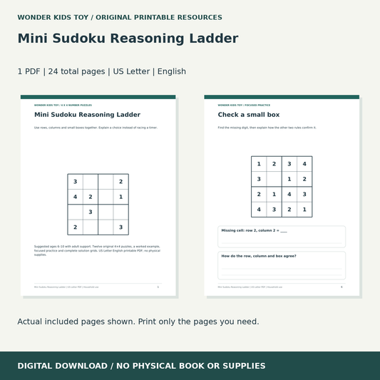 Mini Sudoku Reasoning Ladder: actual included PDF previews, 24 total pages, US Letter digital download