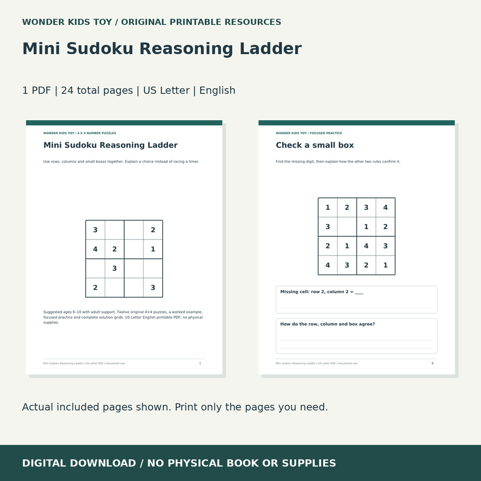 Mini Sudoku Reasoning Ladder: actual included PDF previews, 24 total pages, US Letter digital download