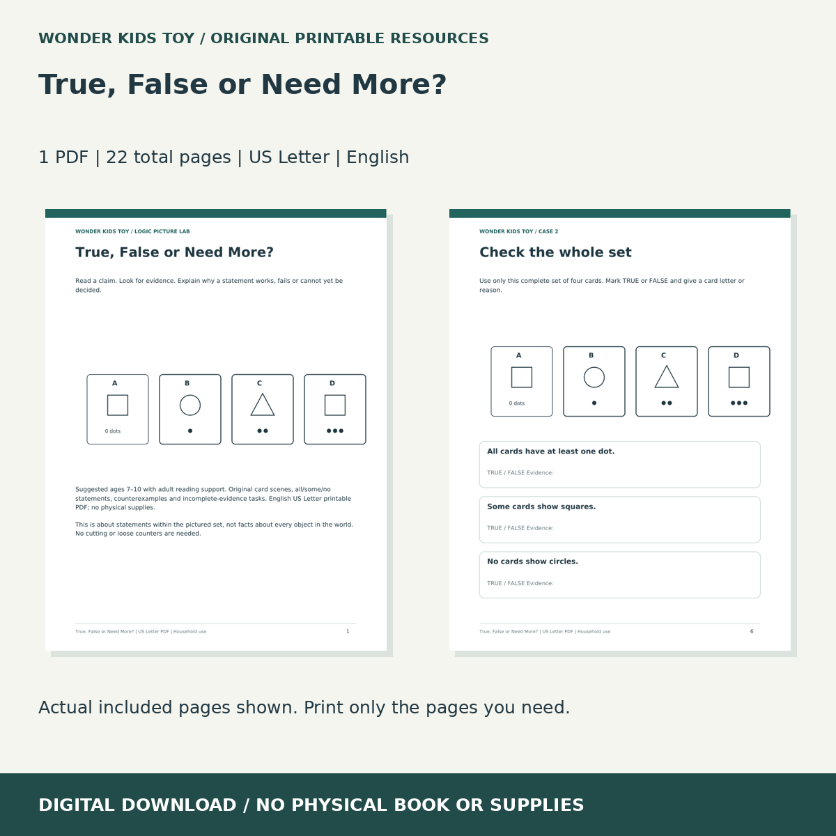 True, False or Need More?: actual included PDF previews, 22 total pages, US Letter digital download
