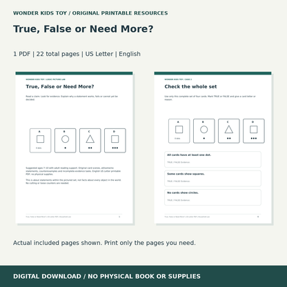 True, False or Need More?: actual included PDF previews, 22 total pages, US Letter digital download