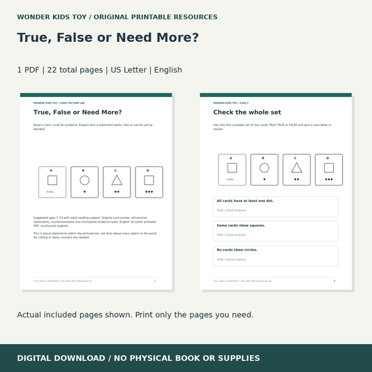 True, False or Need More?: actual included PDF previews, 22 total pages, US Letter digital download