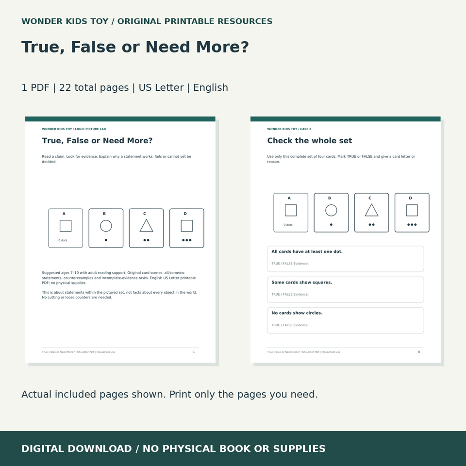 True, False or Need More?: actual included PDF previews, 22 total pages, US Letter digital download