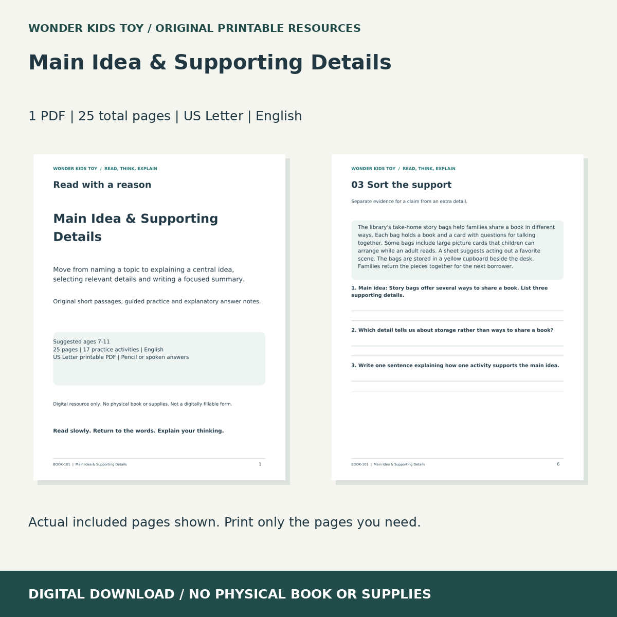Main Idea & Supporting Details: actual included PDF previews, 25 total pages, US Letter digital download
