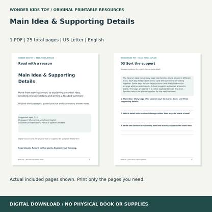 Main Idea & Supporting Details: actual included PDF previews, 25 total pages, US Letter digital download