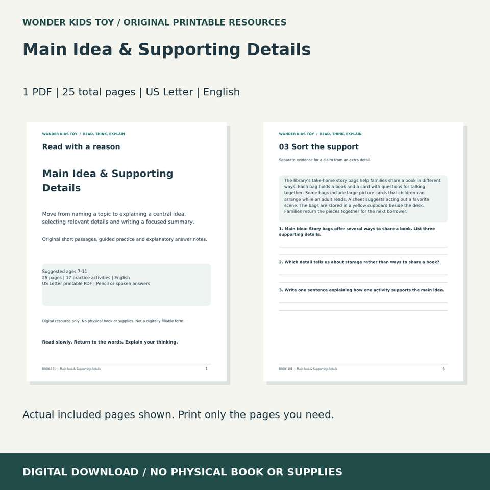 Main Idea & Supporting Details: actual included PDF previews, 25 total pages, US Letter digital download