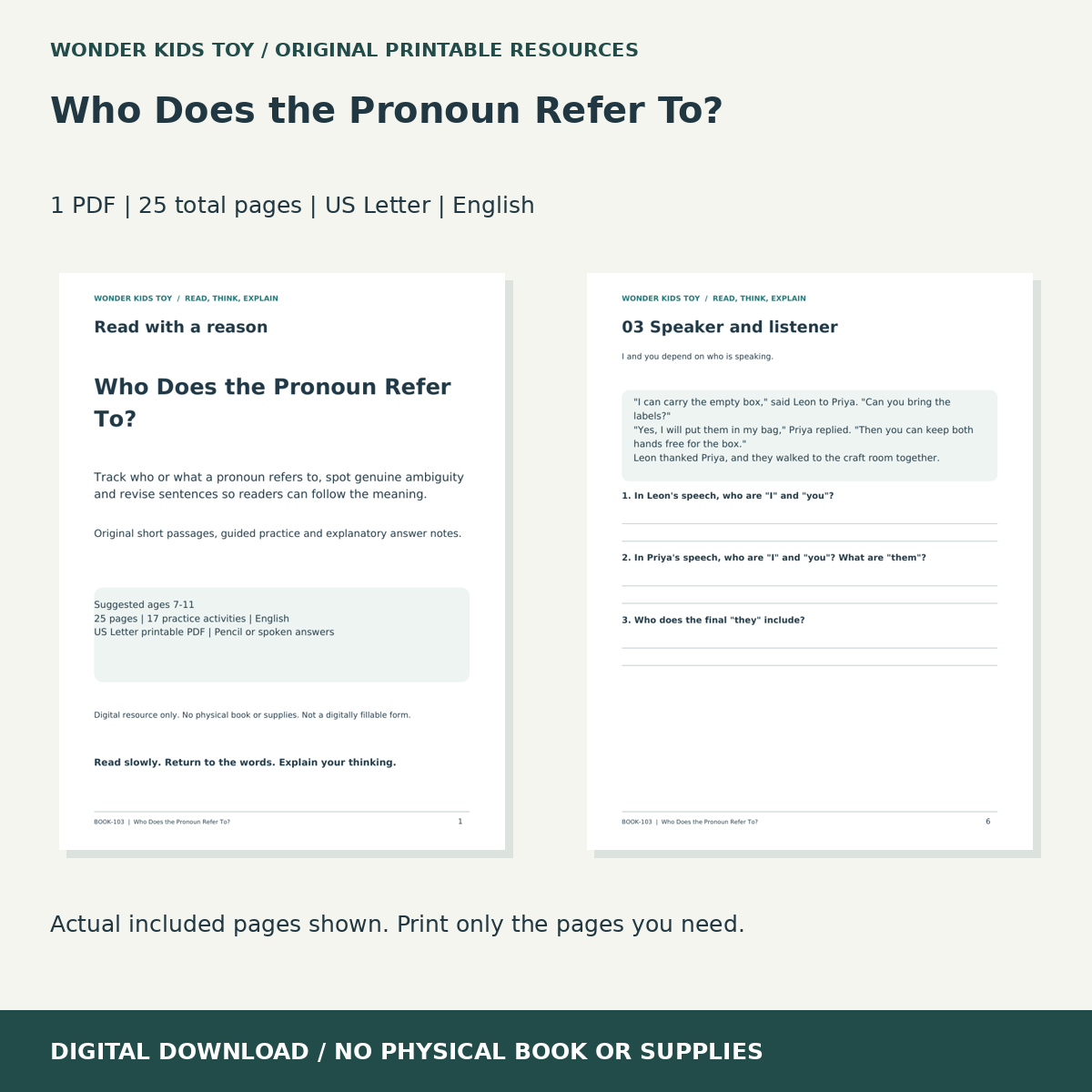 Who Does the Pronoun Refer To?: actual included PDF previews, 25 total pages, US Letter digital download