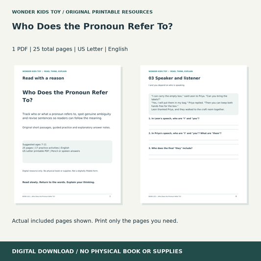 Who Does the Pronoun Refer To?: actual included PDF previews, 25 total pages, US Letter digital download