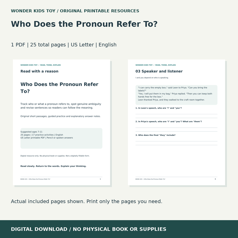 Who Does the Pronoun Refer To?: actual included PDF previews, 25 total pages, US Letter digital download