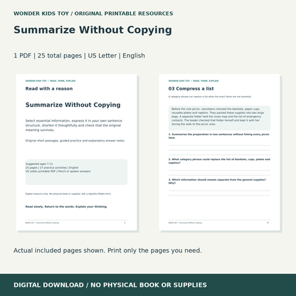 Summarize Without Copying: actual included PDF previews, 25 total pages, US Letter digital download