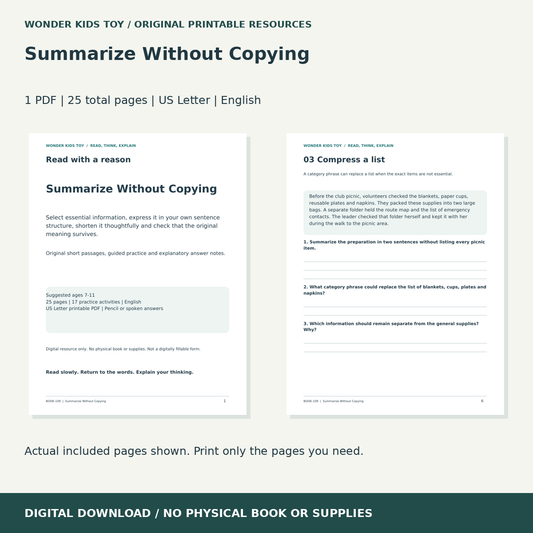 Summarize Without Copying: actual included PDF previews, 25 total pages, US Letter digital download