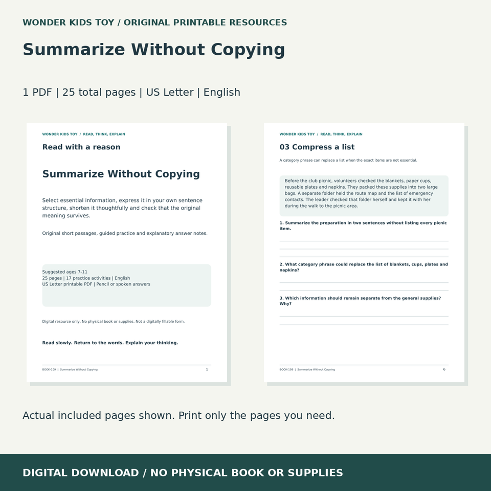 Summarize Without Copying: actual included PDF previews, 25 total pages, US Letter digital download