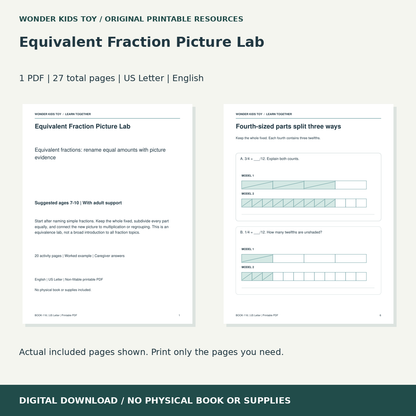 Equivalent Fraction Picture Lab: actual included PDF previews, 27 total pages, US Letter digital download